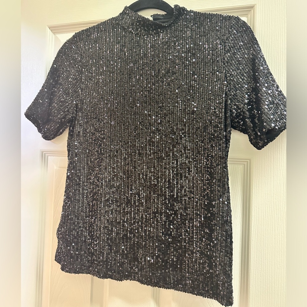 Sequin high neck short sleeve top